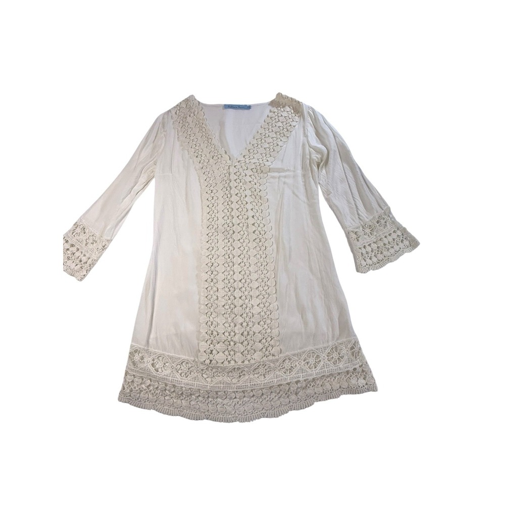 Solitaire‎ Swim Womens Cover Up Tunic Long Sleeve V Neck Crochet Romantic Resort